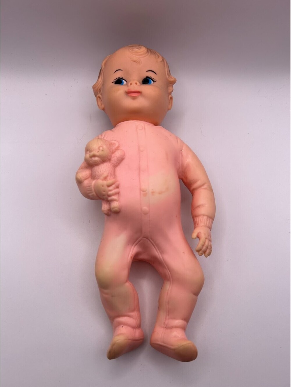 Vintage 1950s Rubber Baby Doll Pink Sleeper Teddy Bear Squeak Toy 8in Kitsch Toy
